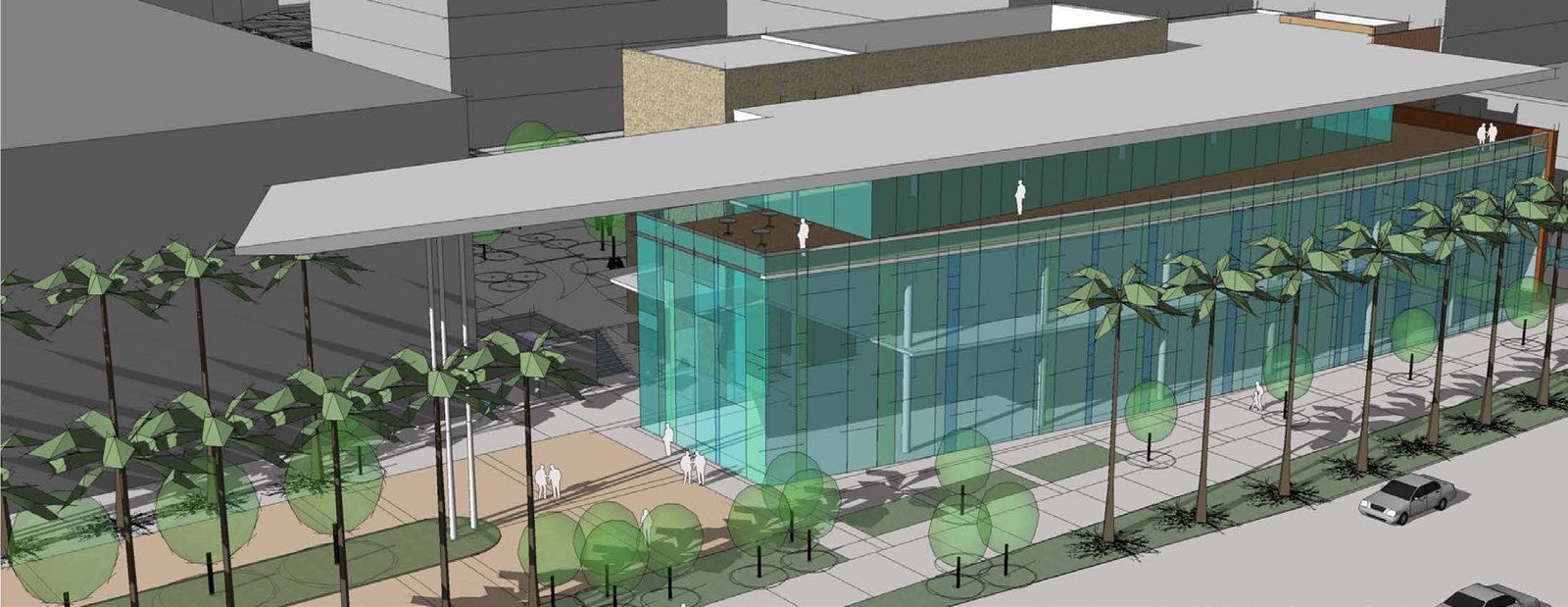 Aerial massing study of Anchor Center showing the long transparent building volume, roof overhang, and its relationship to the surrounding business park