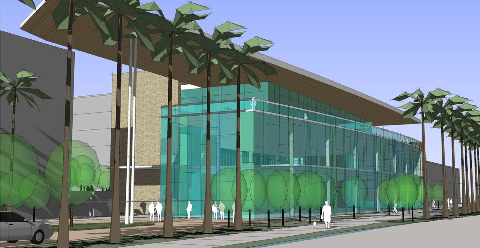 Anchor Center schematic rendering showing the glazed two-story mixed-use building beneath a deep cantilevered roof overhang with palms along the frontage