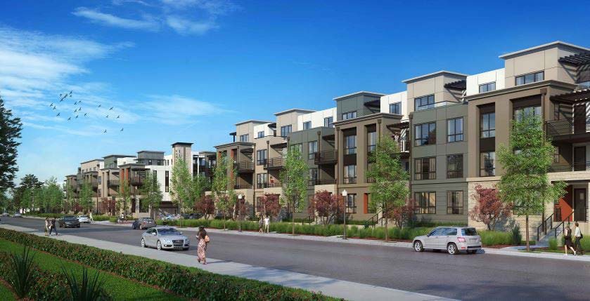Karlstad aerial street view rendering showing the full length of the residential block, landscaped setback, and sidewalk along the frontage