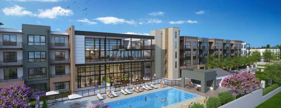 Karlstad courtyard amenity rendering with the resident pool, lounge chairs, shade structure, and the surrounding residential facades