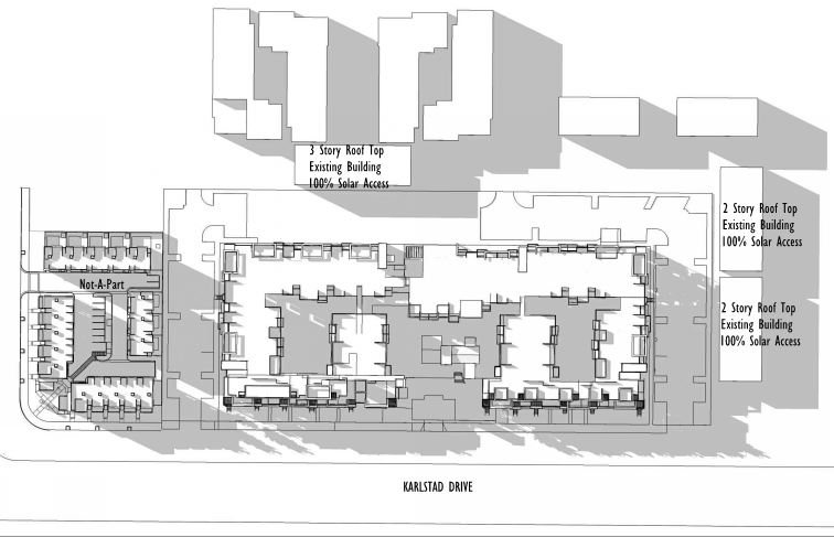 Karlstad site plan drawing showing building footprints, courtyards, parking access, and adjacent existing buildings noted with rooftop solar access