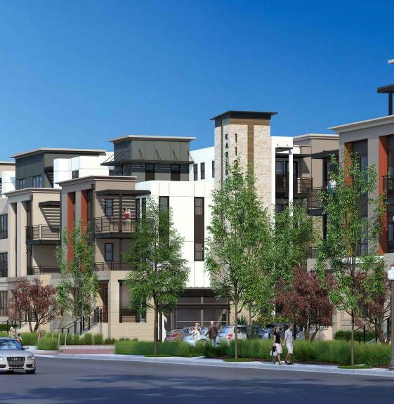 Karlstad street elevation rendering showing a four-story multifamily building with stepped massing, a stone-clad stair tower, balconies, and street trees