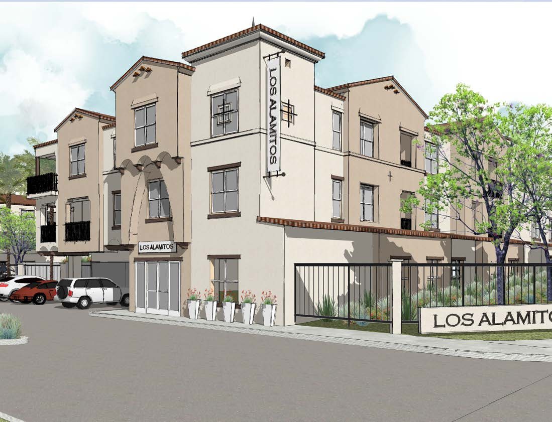 Los Alamitos Apartments corner rendering showing the three-story residential elevation with tile roof, arched openings, and street-level entry gate