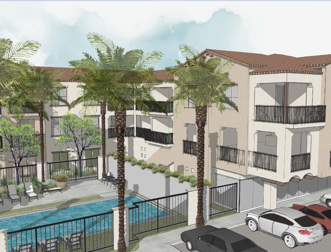 Los Alamitos Apartments courtyard rendering with the resident pool, palms, and balconies overlooking the amenity deck