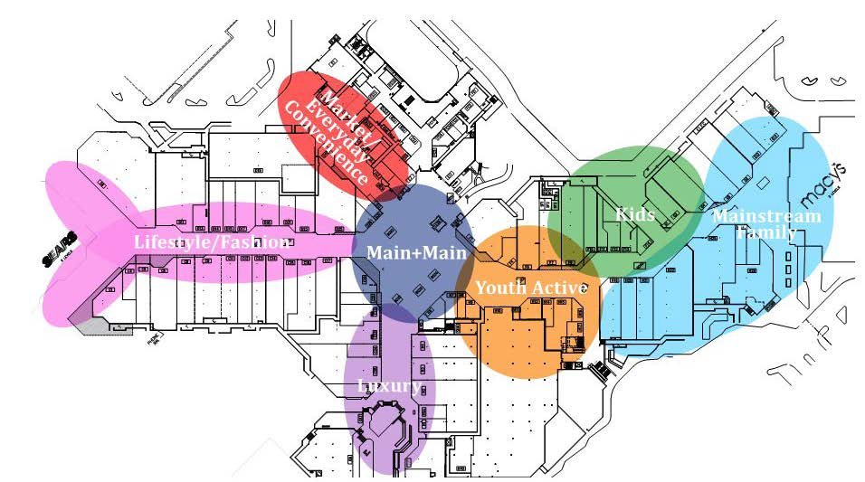 University Town Center tenant-criteria zoning plan with the center footprint divided into colored design zones