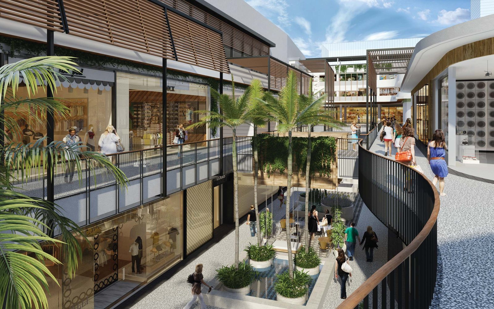 Multi-level interior court at Westfield Century City showing curving balcony rail, planted terraces, glazed storefronts, and shoppers on the upper walkway