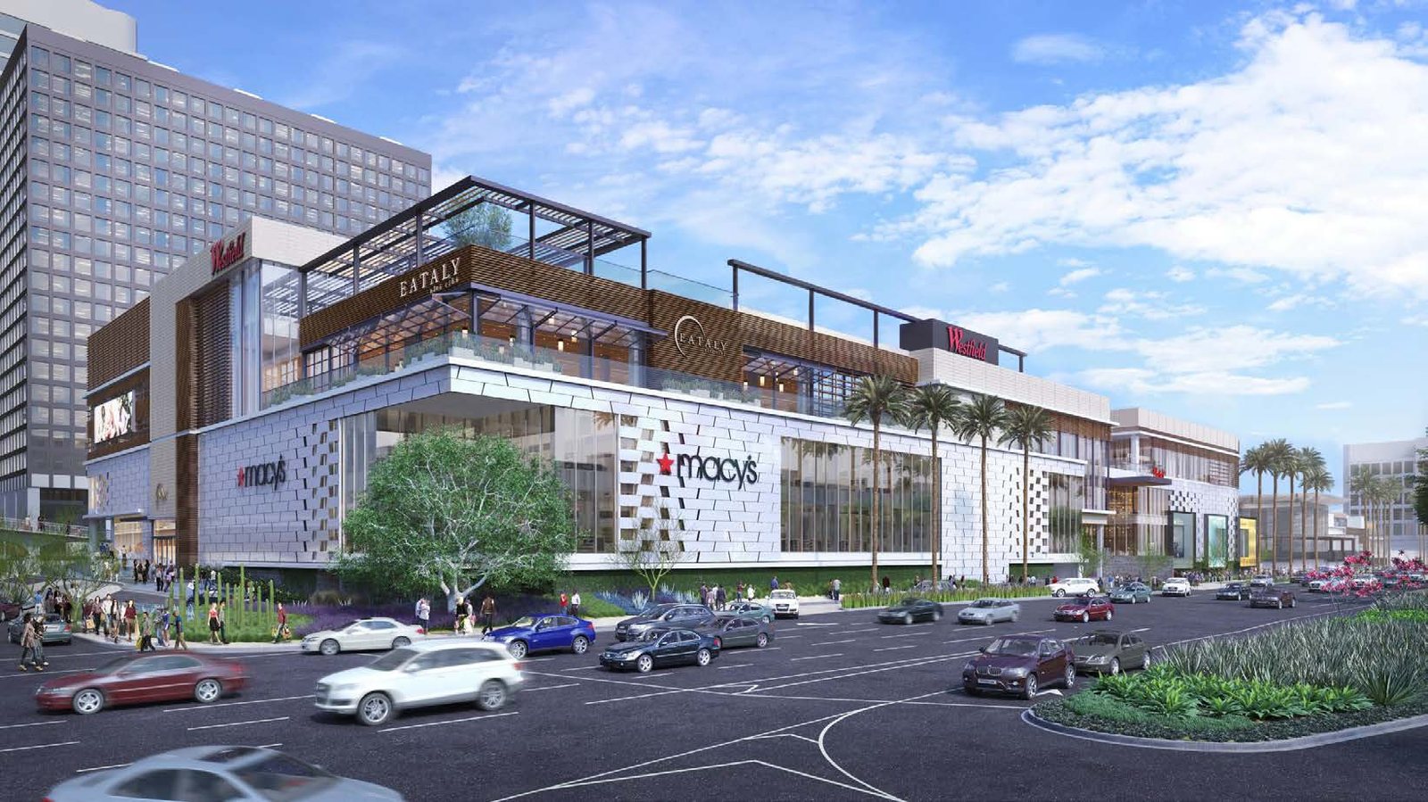 Exterior rendering of Westfield Century City from the street showing the department-store frontage, rooftop dining terrace, and steel canopy structure above the entry